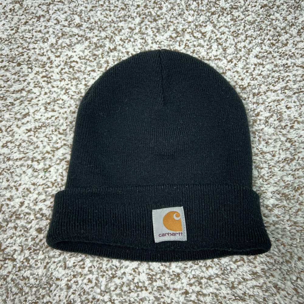 Carhartt Hat Beanie‎ Youth One Size Black Knit Cuffed Logo Winter Cold Weather